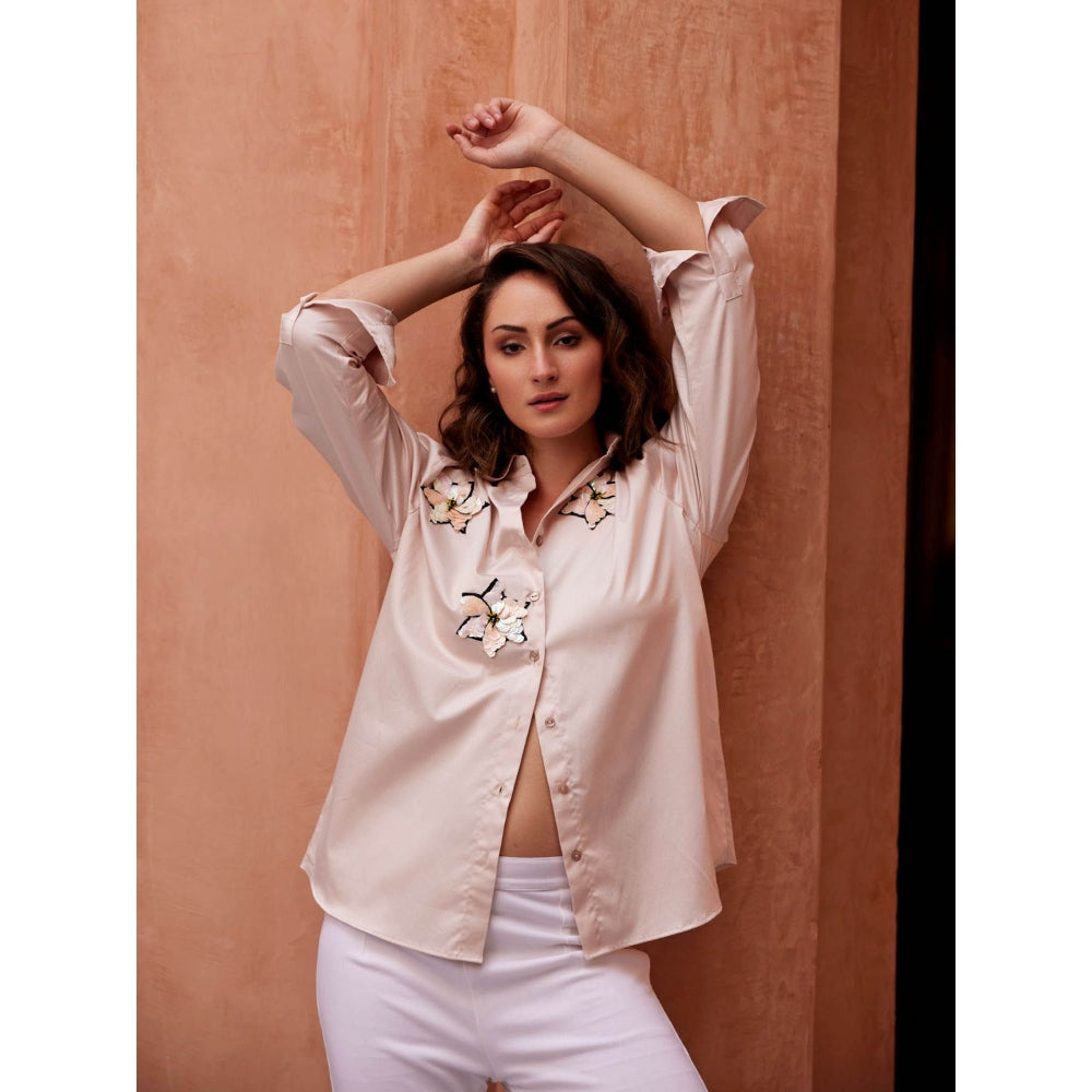 Palak Khandelwal Pink Shirt with Chrome Sequin Flower Patch