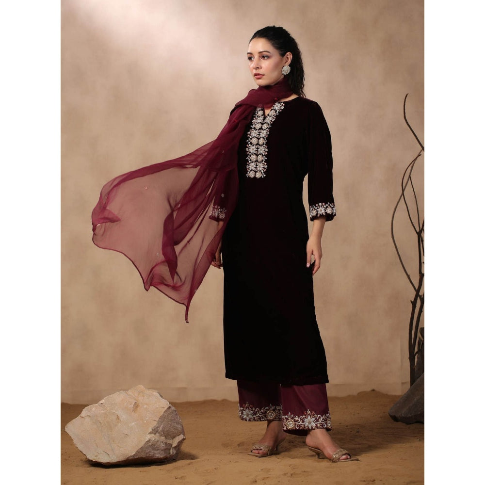 Palak Khandelwal Wine Velvet Suit with Hand Embroidered Pants and Dupatta (Set of 3)