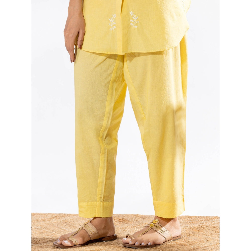 PANTS AND PAJAMAS Yellow Chikan Cotton Kurta Shirt & Salwar (Set of 2)