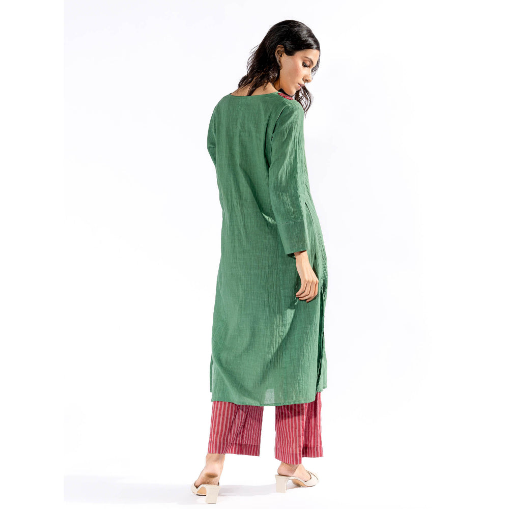 PANTS AND PAJAMAS Green Embroiderd Kurta