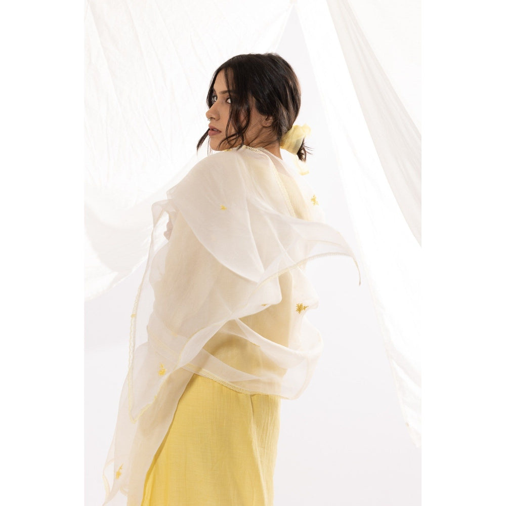 PANTS AND PAJAMAS Off White Organza Dupatta with Thread Work On It.