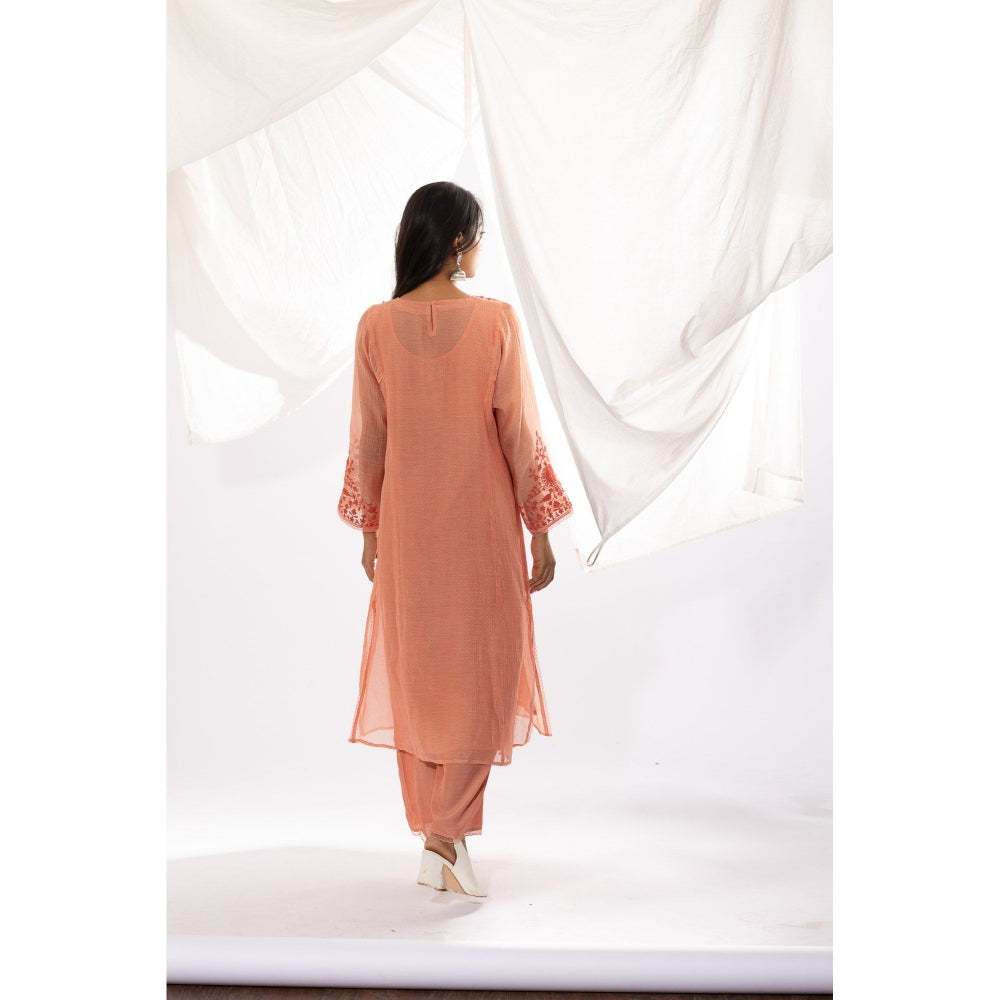 PANTS AND PAJAMAS Peach Printed Chanderi Mull Kurta, Inner with Pant & Dupatta (Set of 4)