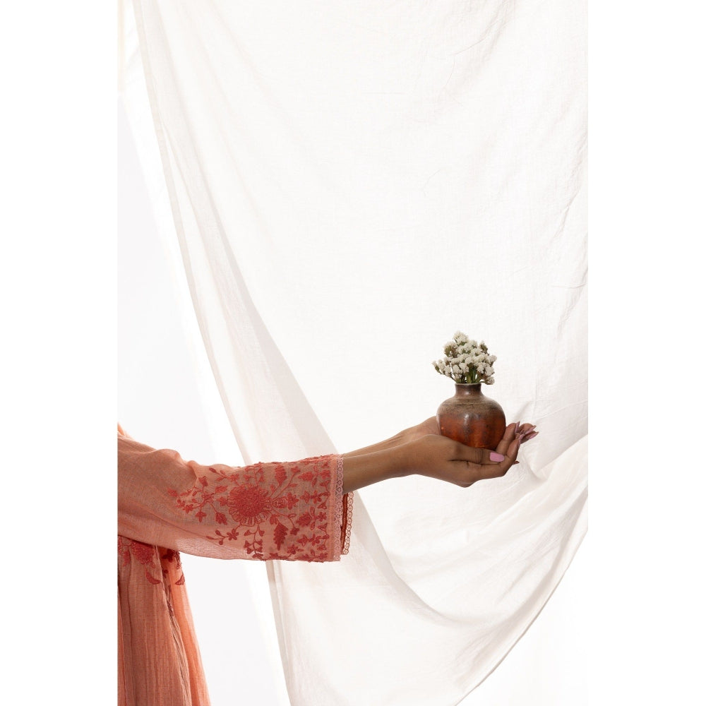 PANTS AND PAJAMAS Peach Printed Chanderi Mull Kurta with Pant & Dupatta (Set of 3)