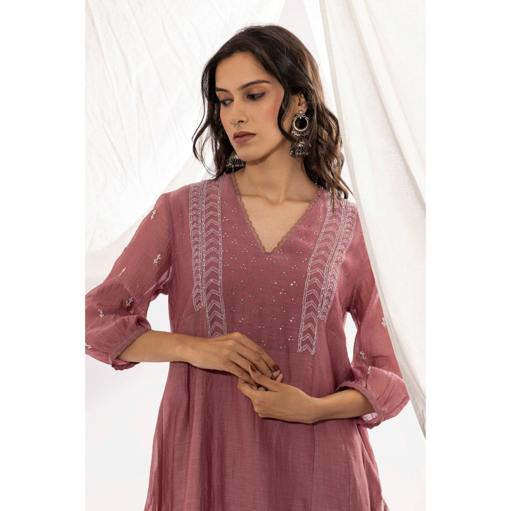 PANTS AND PAJAMAS Mauve Chanderi Mull Chikan Kurta with Pant (Set of 2)