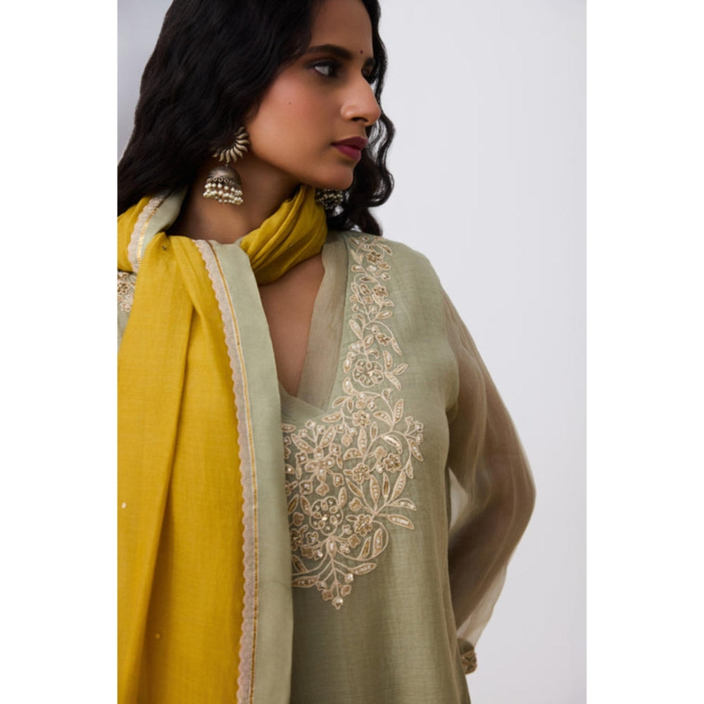 Pant AND PAJAMAS Women Cotton Silk Green Kurta with Pant