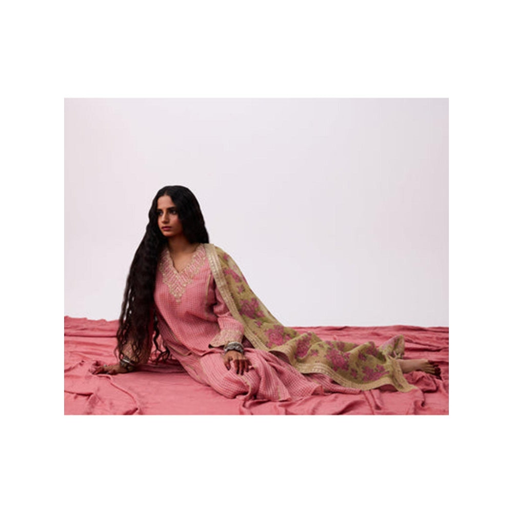 Pant AND PAJAMAS Women Cotton Silk Pink Kurta with Pant
