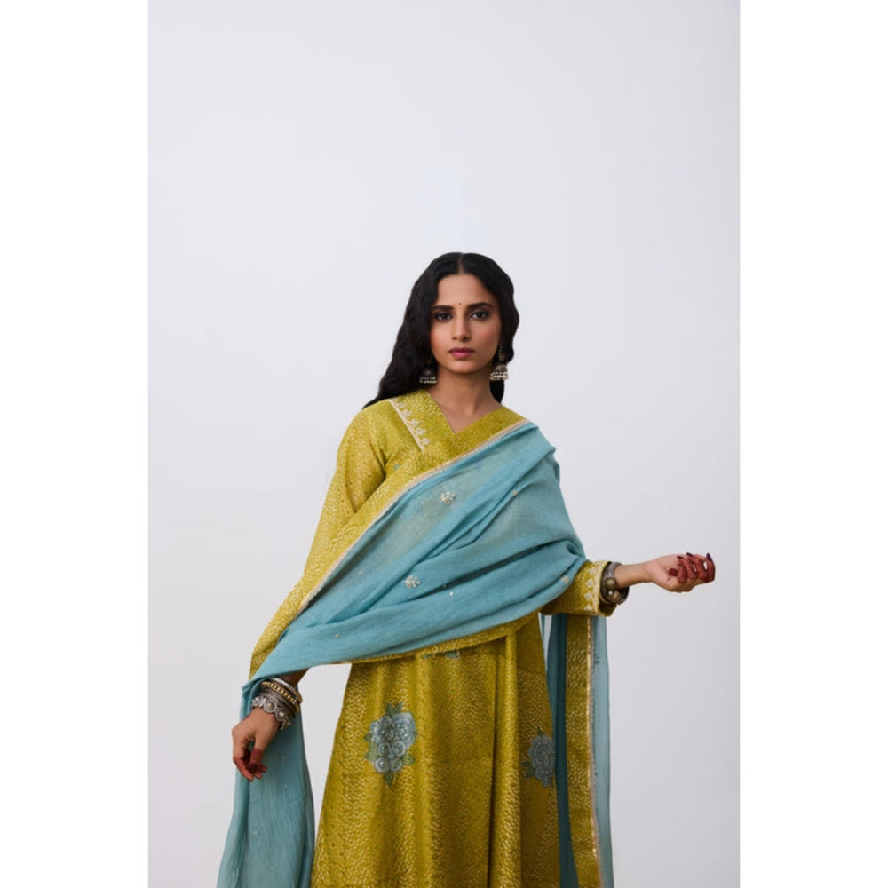 Pant AND PAJAMAS Women Cotton Silk Green Kurta with Pant