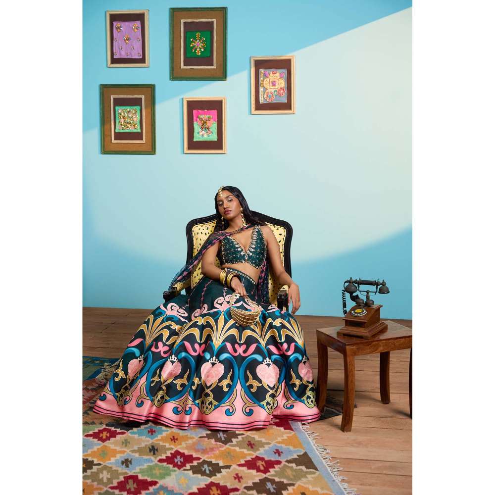 Papa Don't Preach by Shubhika Green Whispers Of The Forest Lehenga With Blouse And Dupatta
