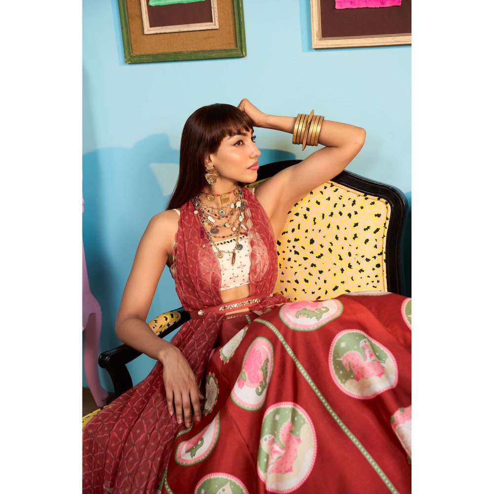 Papa Don't Preach by Shubhika Maroon Cinnamon Kisses Lehenga With Blouse, Jacket And Belt