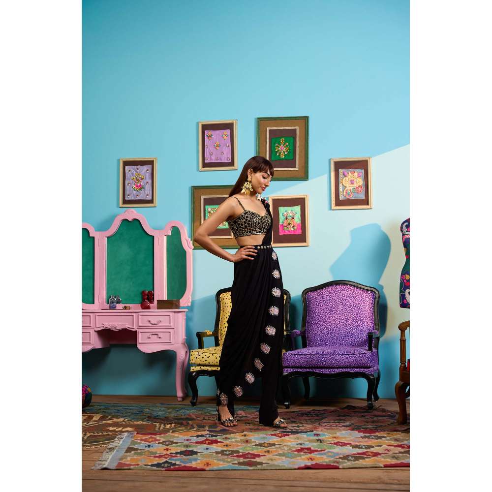 Papa Don't Preach by Shubhika Black Draped In Drama Saree with Stitched Blouse, Pant And Belt