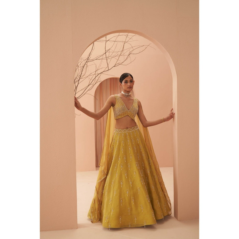 PARUL GANDHI Blaze Yellow Blouse with Lehenga & Dupatta (Set of 3)
