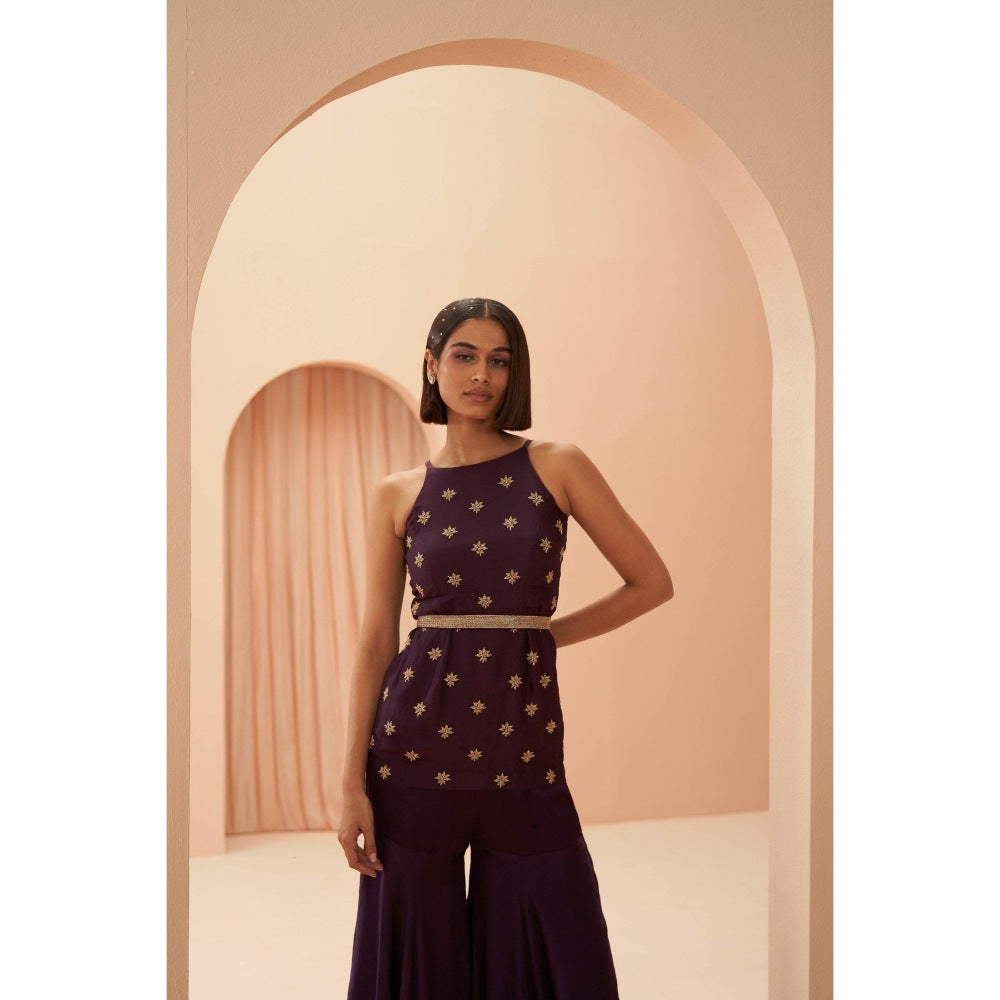 PARUL GANDHI Deep Wine Top with Sharara, Dupatta & Belt (Set of 4)