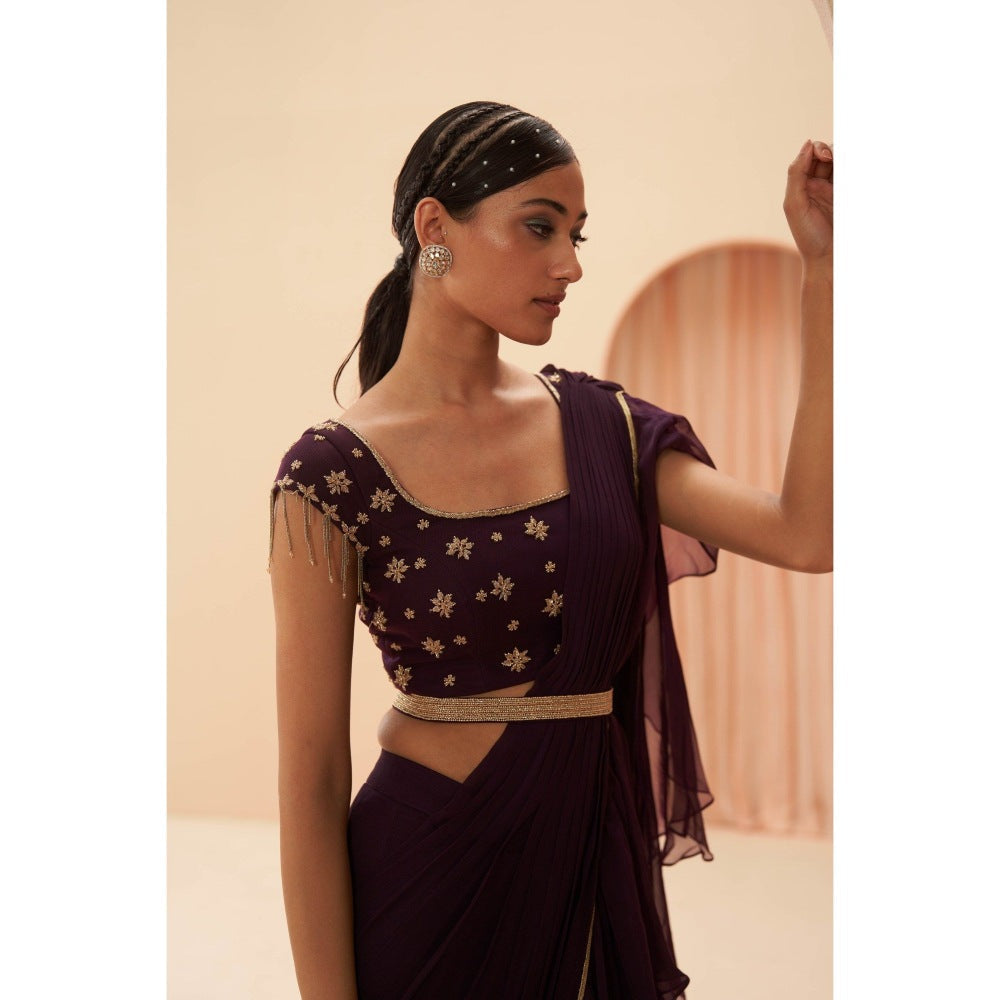 PARUL GANDHI Deep Wine Saree with Stitche Blouse & Belt