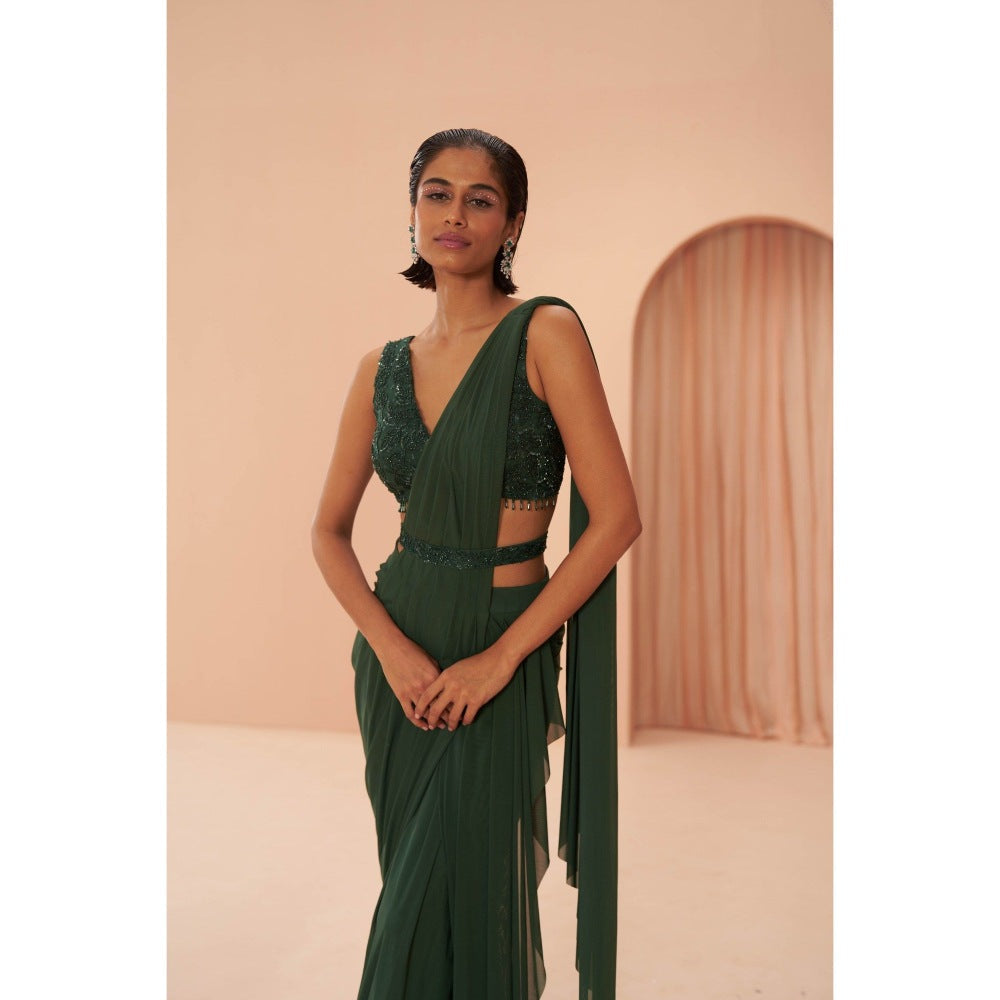 PARUL GANDHI Indian Green Saree with Stitched Blouse & Belt