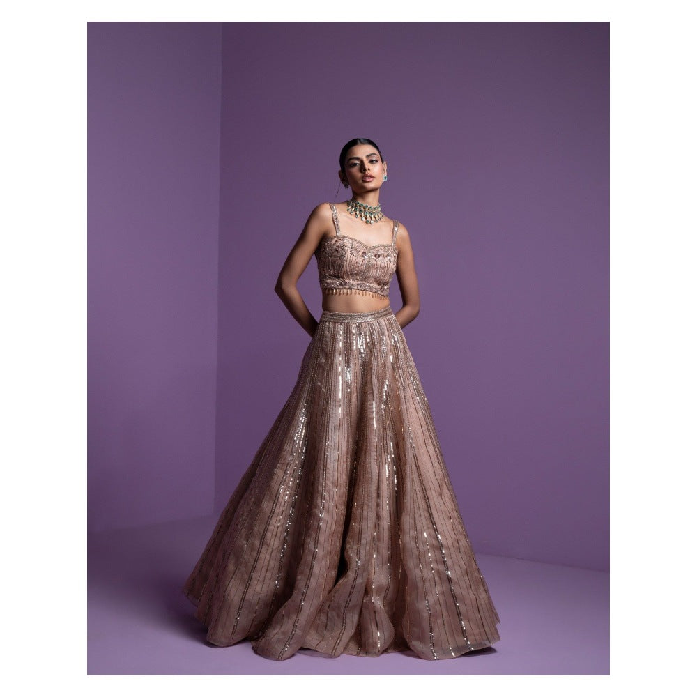 PARUL GANDHI Caramel Blaze Blouse with Lehenga & Dupatta (Set of 3)