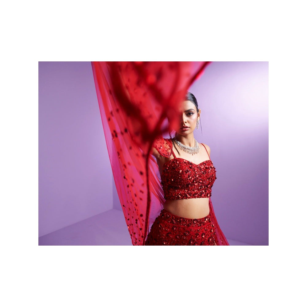 PARUL GANDHI Vivid Crimson Red Blouse with Lehenga & Dupatta (Set of 3)