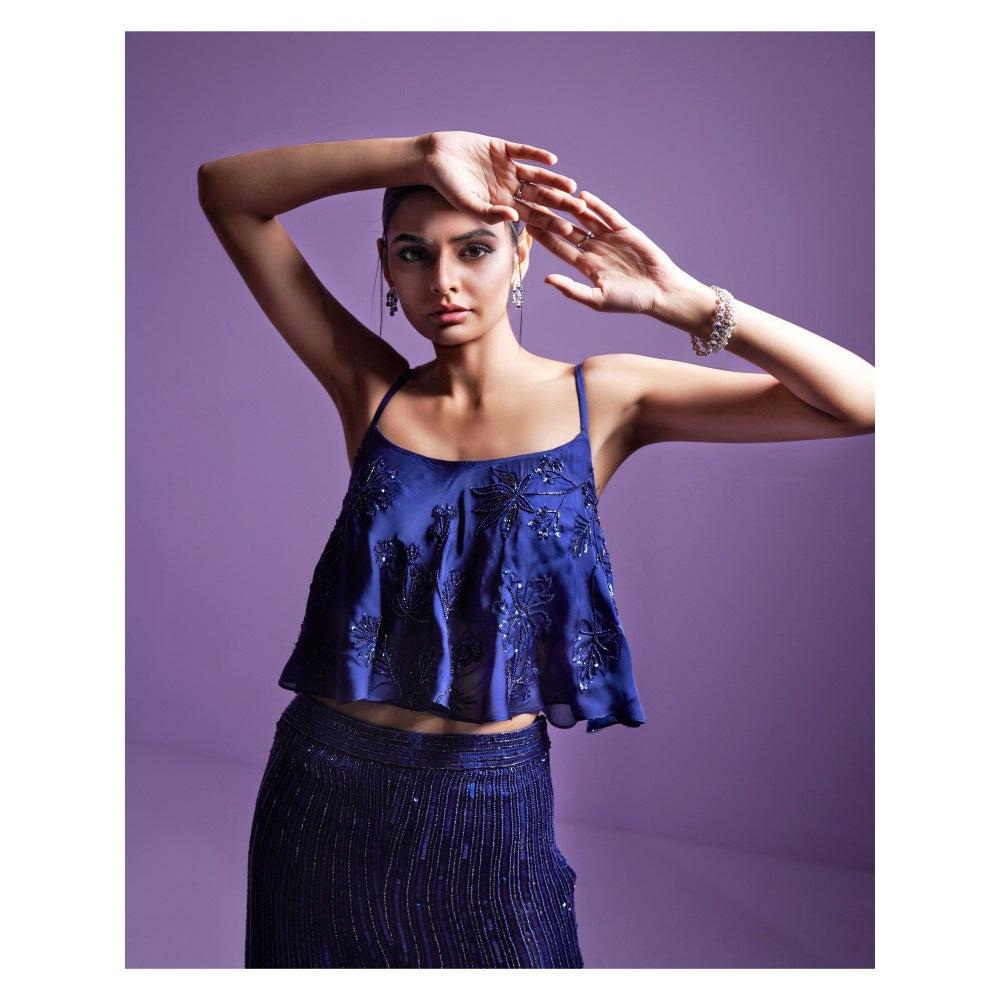 PARUL GANDHI Eclipse Blue Embroidered Top with Flared Pant (Set of 2)