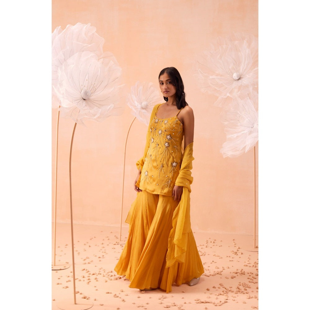 PARUL GANDHI Yellow Jaune Sharara With Short Kurta And Dupatta (Set of 3)
