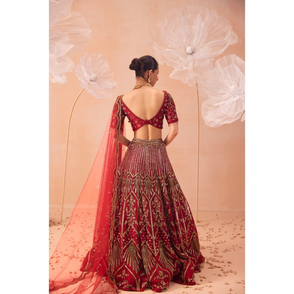 PARUL GANDHI Red Leaf Lehenga With Blouse And Dupatta (Set of 3)