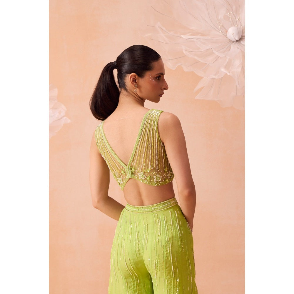 PARUL GANDHI Lime Green Pearl Crop Top With Sharara And Dupatta (Set of 3)