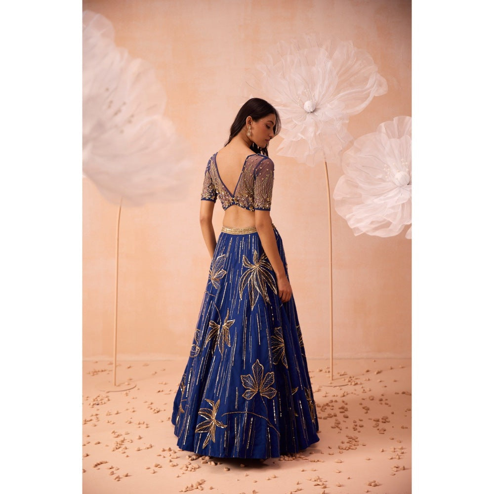 PARUL GANDHI Blue Floral Lehenga With Blouse And Dupatta (Set of 3)