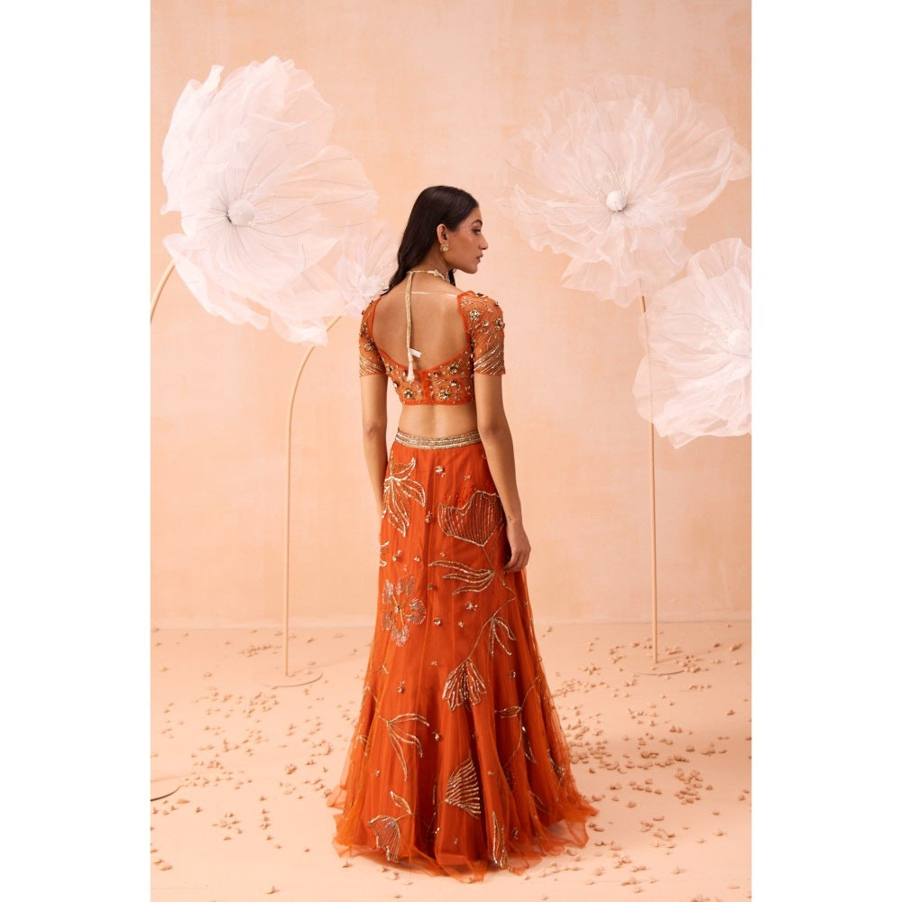 PARUL GANDHI Burt Orange Lehenga With Blouse (Set of 2)