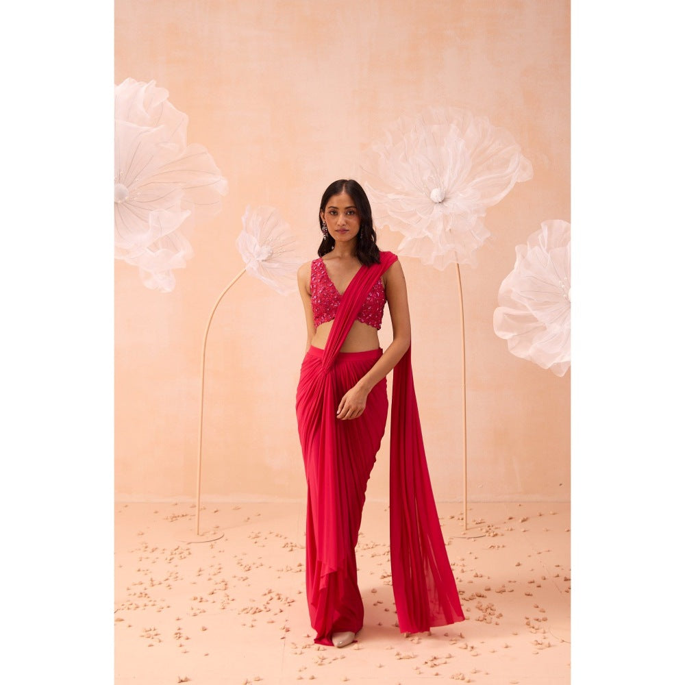 PARUL GANDHI Pink Fuchsia Pre Drape Saree And Belt with Stitched Blouse