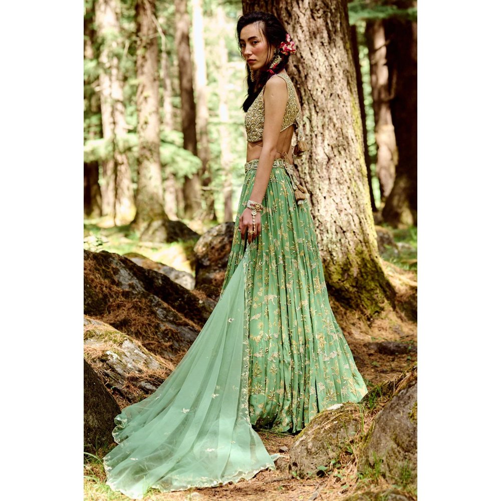 Paulmi & Harsh Fern Green Bagh Print Lehenga (Set of 4)