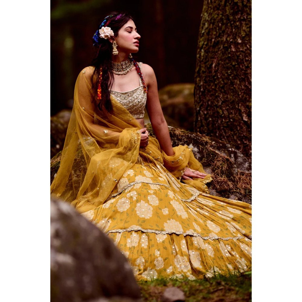 Paulmi & Harsh Ochre Yellow Rose Print Lehenga (Set of 3)
