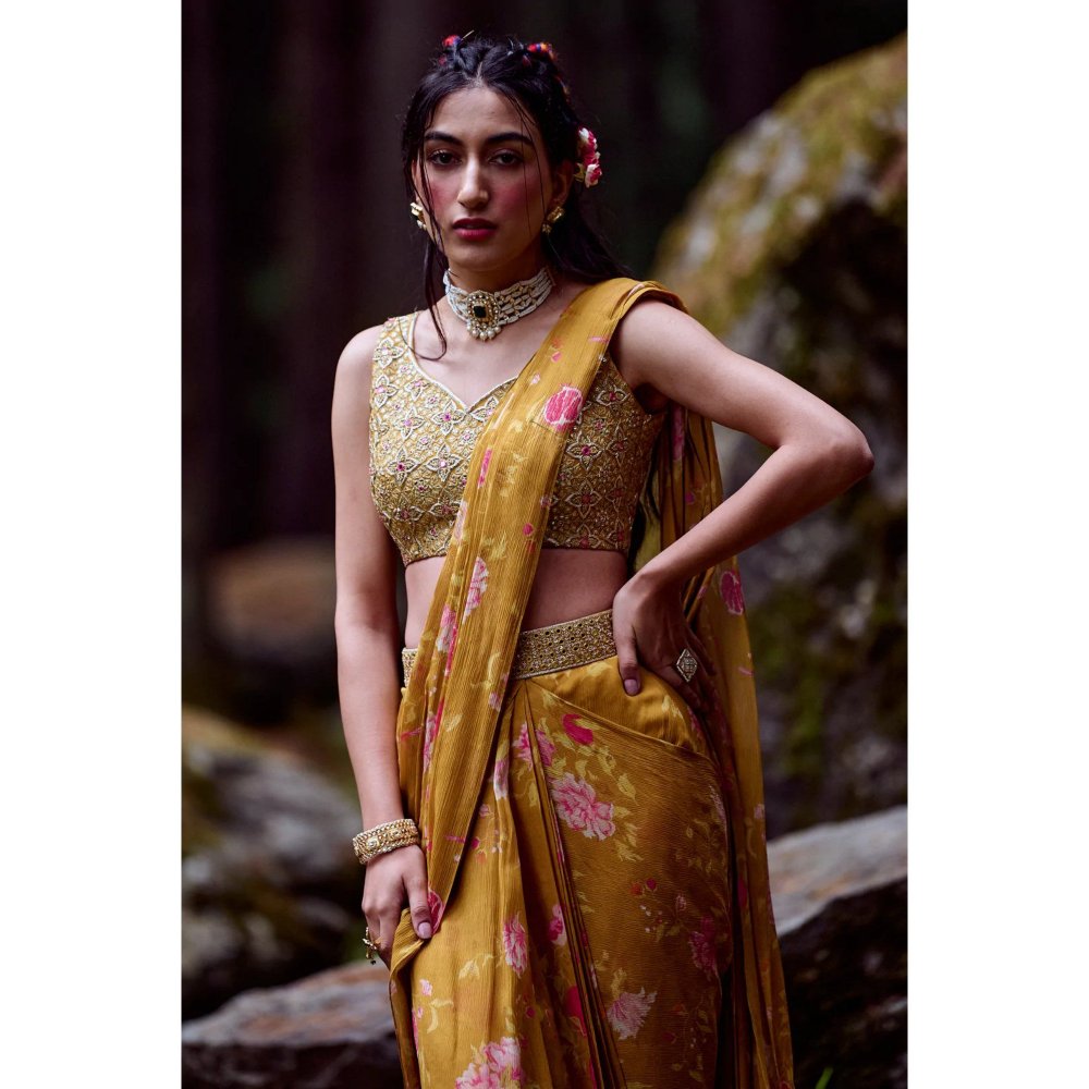 Paulmi & Harsh Ochre Yellow Anar Print Pre Draped Saree with Stitched Blouse