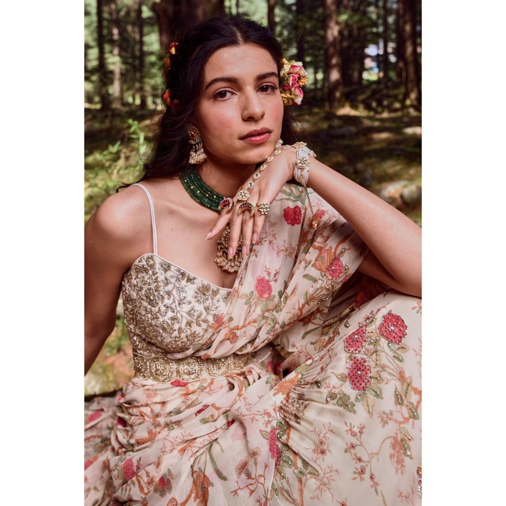 Paulmi & Harsh Off White Floral Print Pre Draped Saree with Stitched Blouse