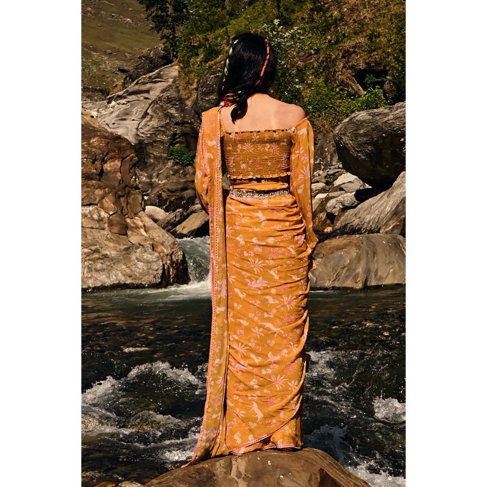 Paulmi & Harsh Yellow Jungle Print Saree with Stitched Blouse
