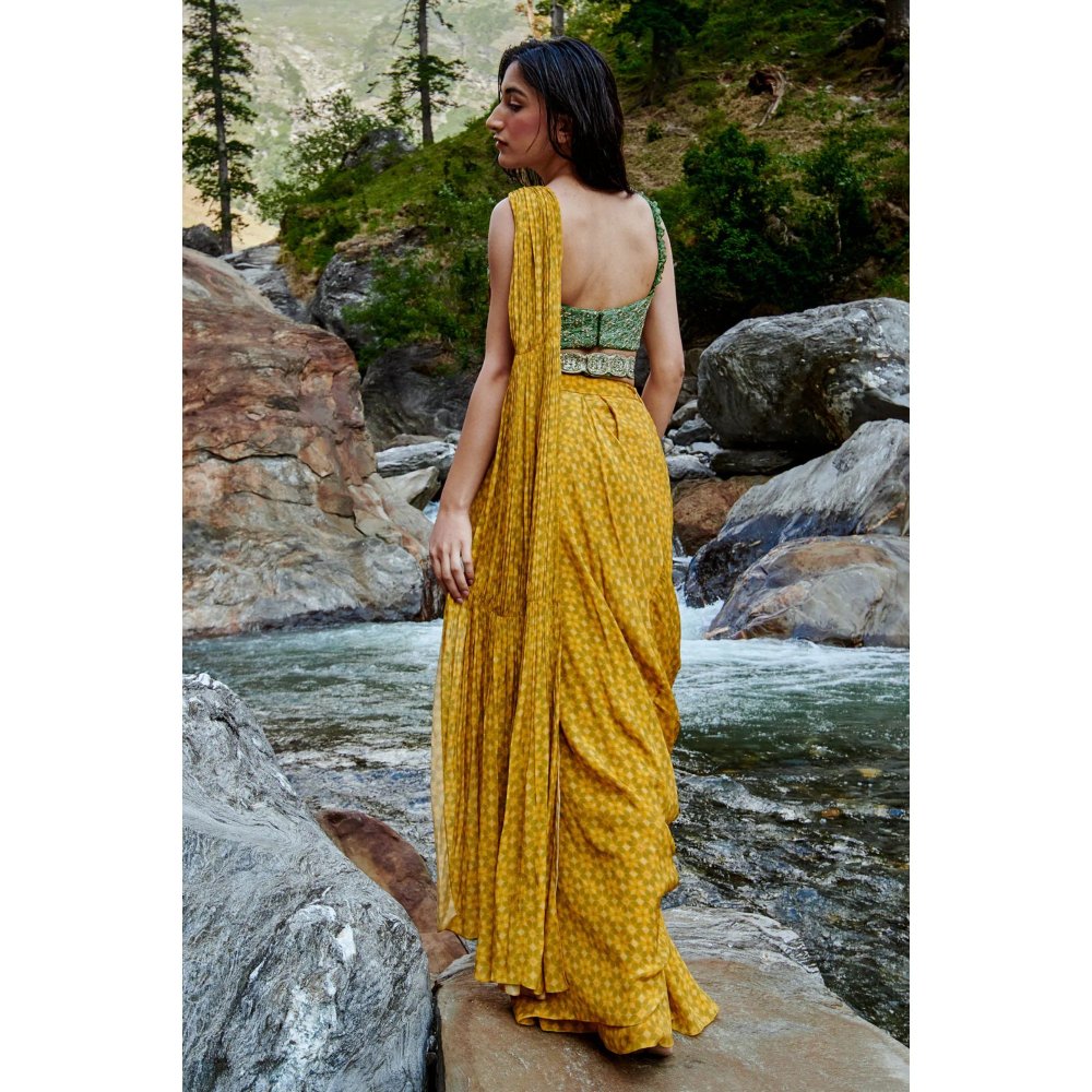 Paulmi & Harsh Flowy Ochre Yellow Pre Draped Saree with Stitched Blouse