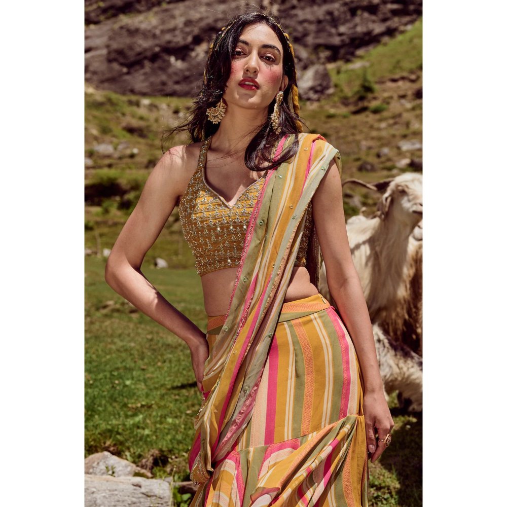 Paulmi & Harsh Multicoloured Striped Pre Draped Saree with Stitched Blouse