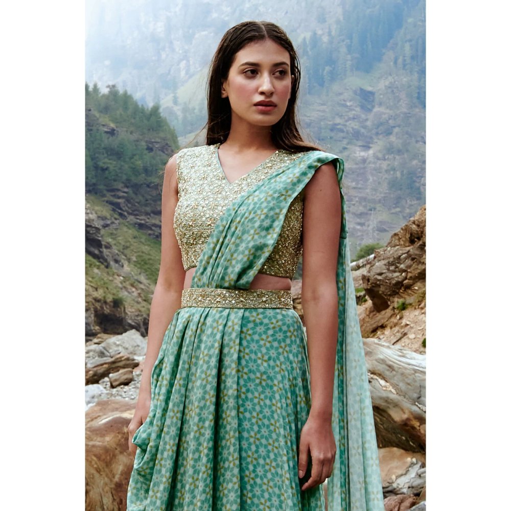 Paulmi & Harsh Luxe Blue Geometric Print Pre Draped Saree with Stitched Blouse