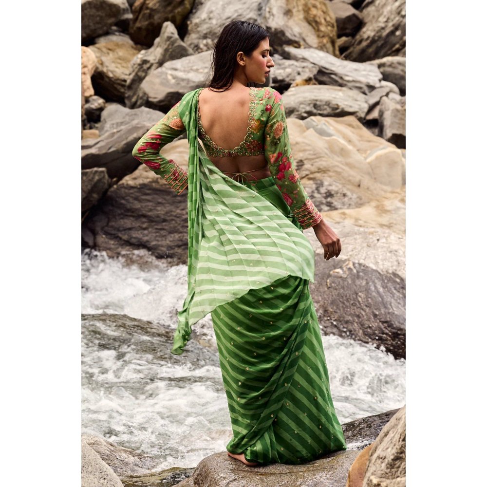 Paulmi & Harsh Fern Green Leheriya Print Pre Draped Saree with Stitched Blouse