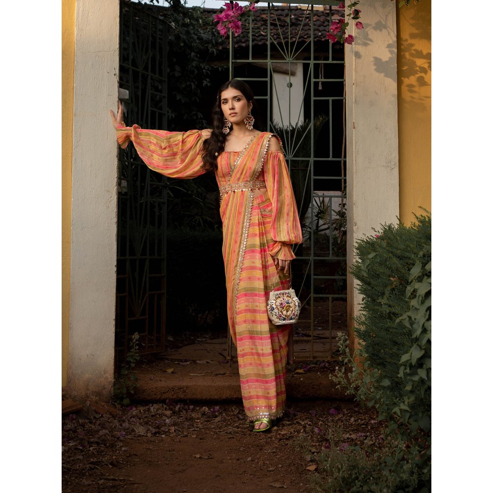 Paulmi & Harsh Vintage Stripe Sari with Stitched Blouse (Set of 3)