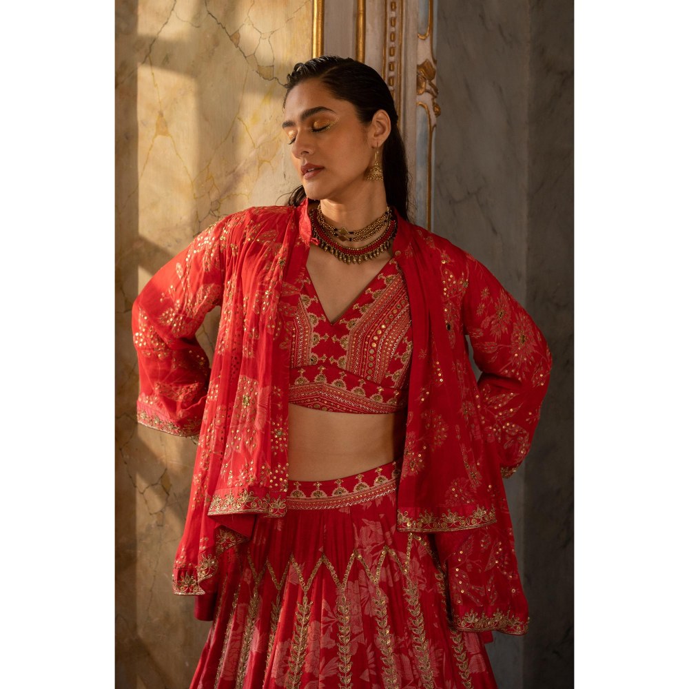 Paulmi & Harsh Eyana Cotton Silk Red Lehenga and Blouse With Cape