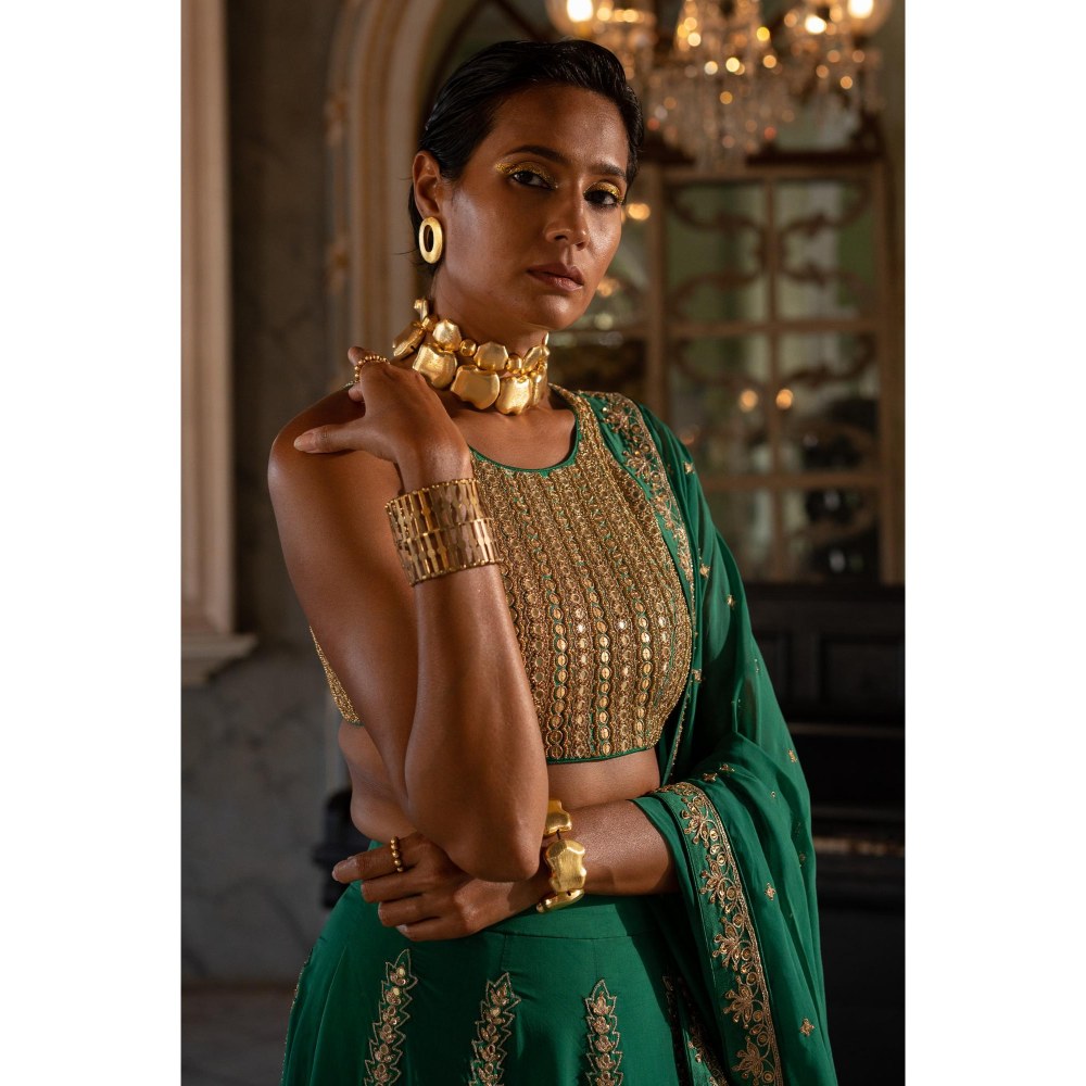 Paulmi & Harsh Zariya Organza Green Lehenga and Blouse With Dupatta
