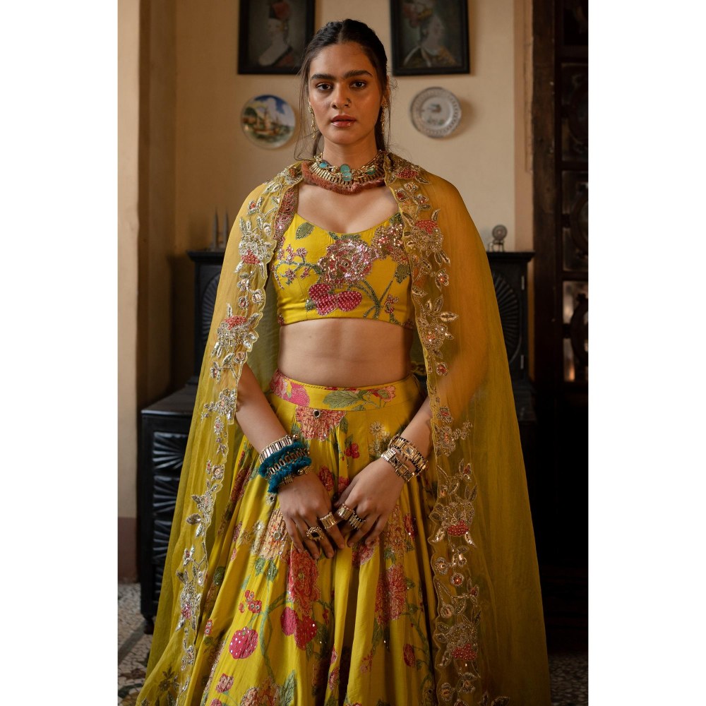 Paulmi & Harsh Chiniya Silk Yellow Embroidered Lehenga with Blouse & Dupatta