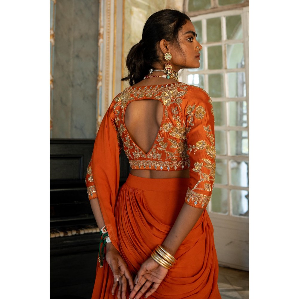 Paulmi & Harsh Amayra Organza Embellished Rust Saree with Stitched Blouse and Belt