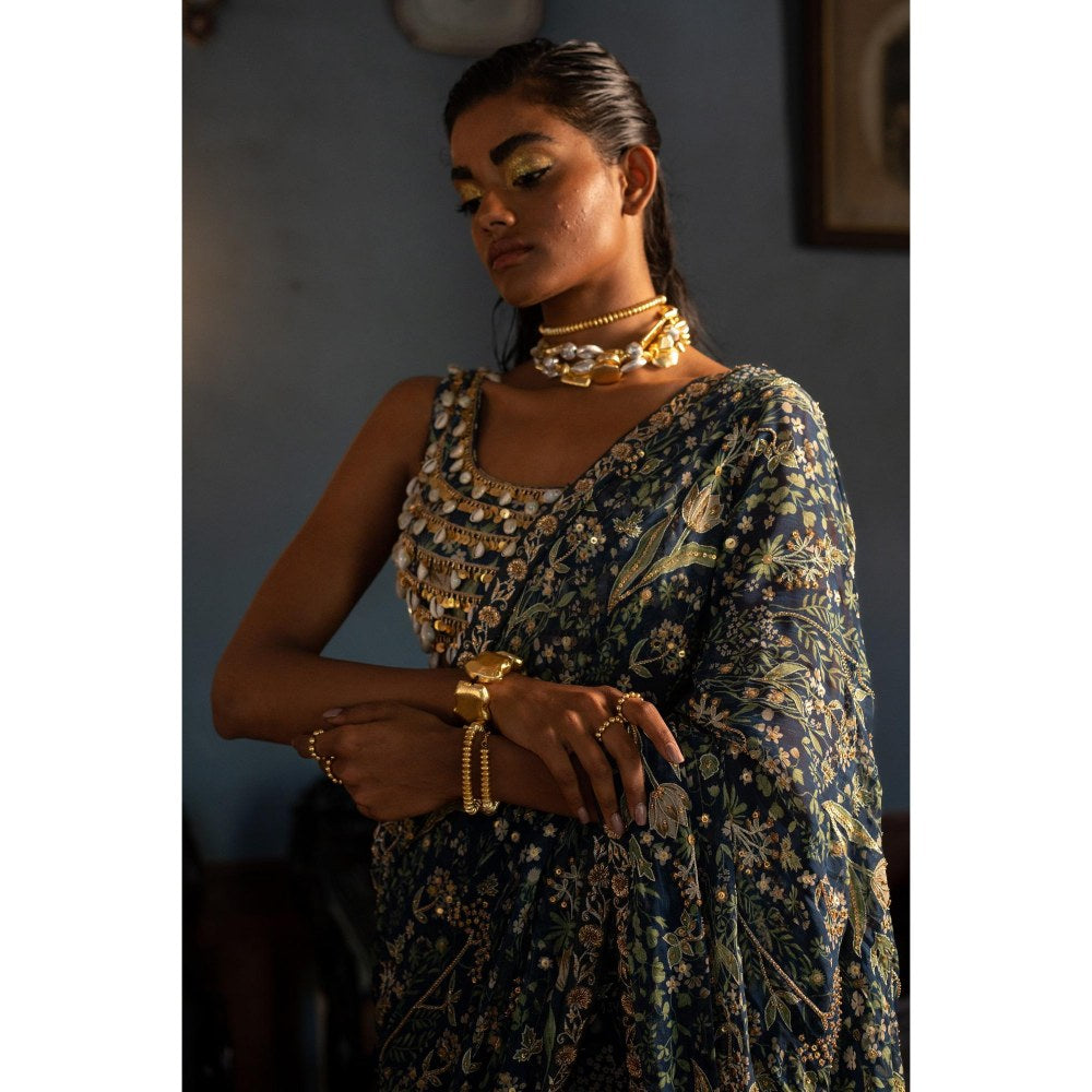 Paulmi & Harsh Dew Embellished Predraped Navy Blue Saree with Stitched Blouse
