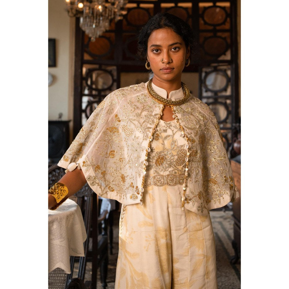 Paulmi & Harsh Ivory Crepe Printed Jumpsuit With Jacket and Belt