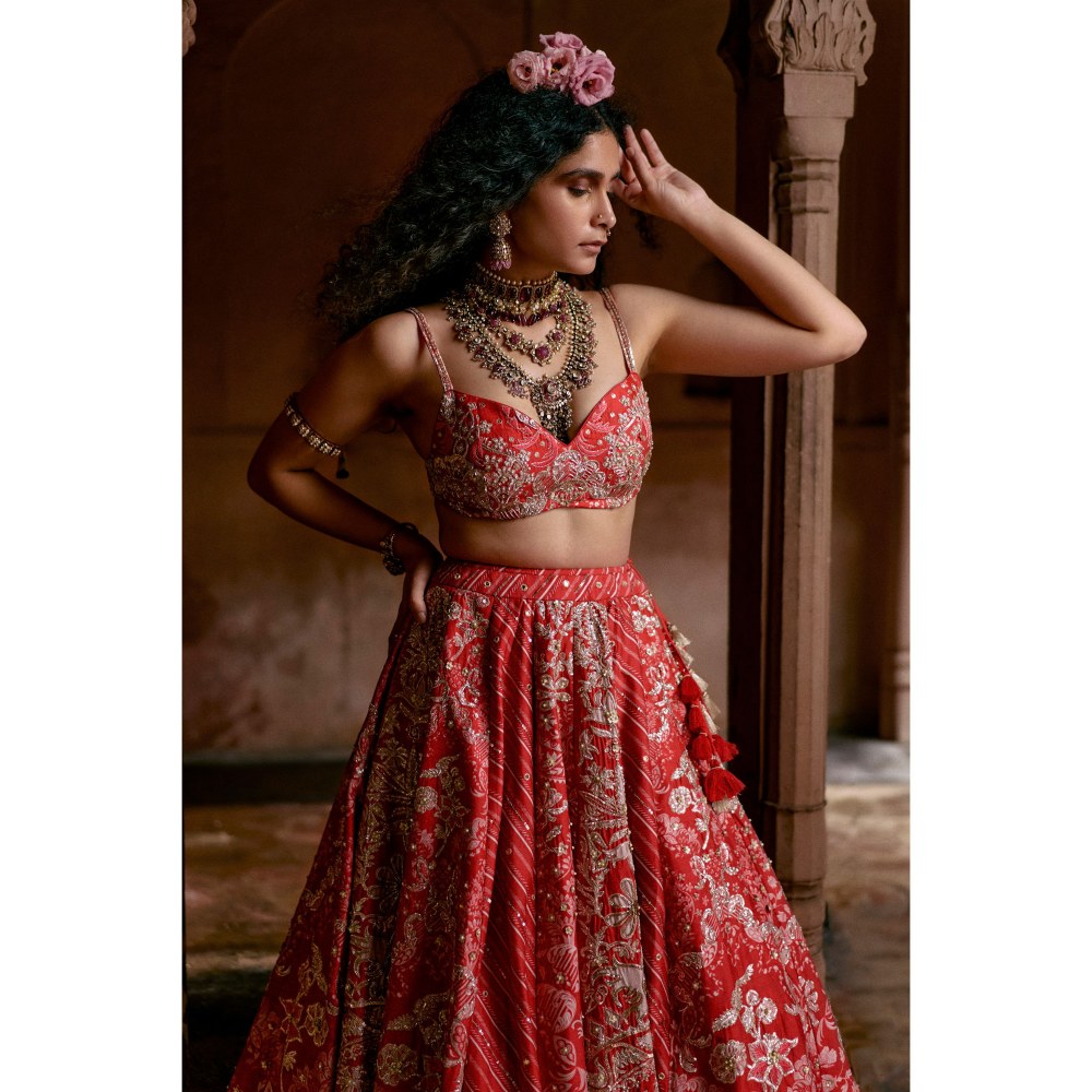 Paulmi & Harsh Jean Red Lehenga with Choli and Dupatta