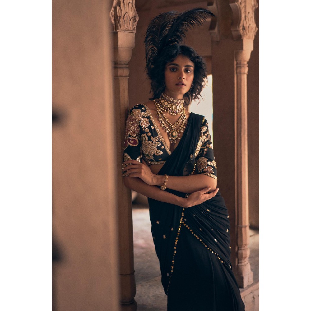 Paulmi & Harsh Black Pre Drape Saree with Stitched Blouse and Belt