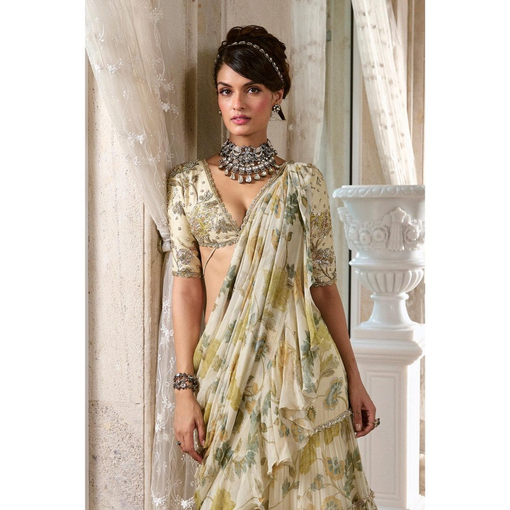 Paulmi & Harsh Ivory Perla Floral Printed Pre Drape Saree with Stitched Blouse