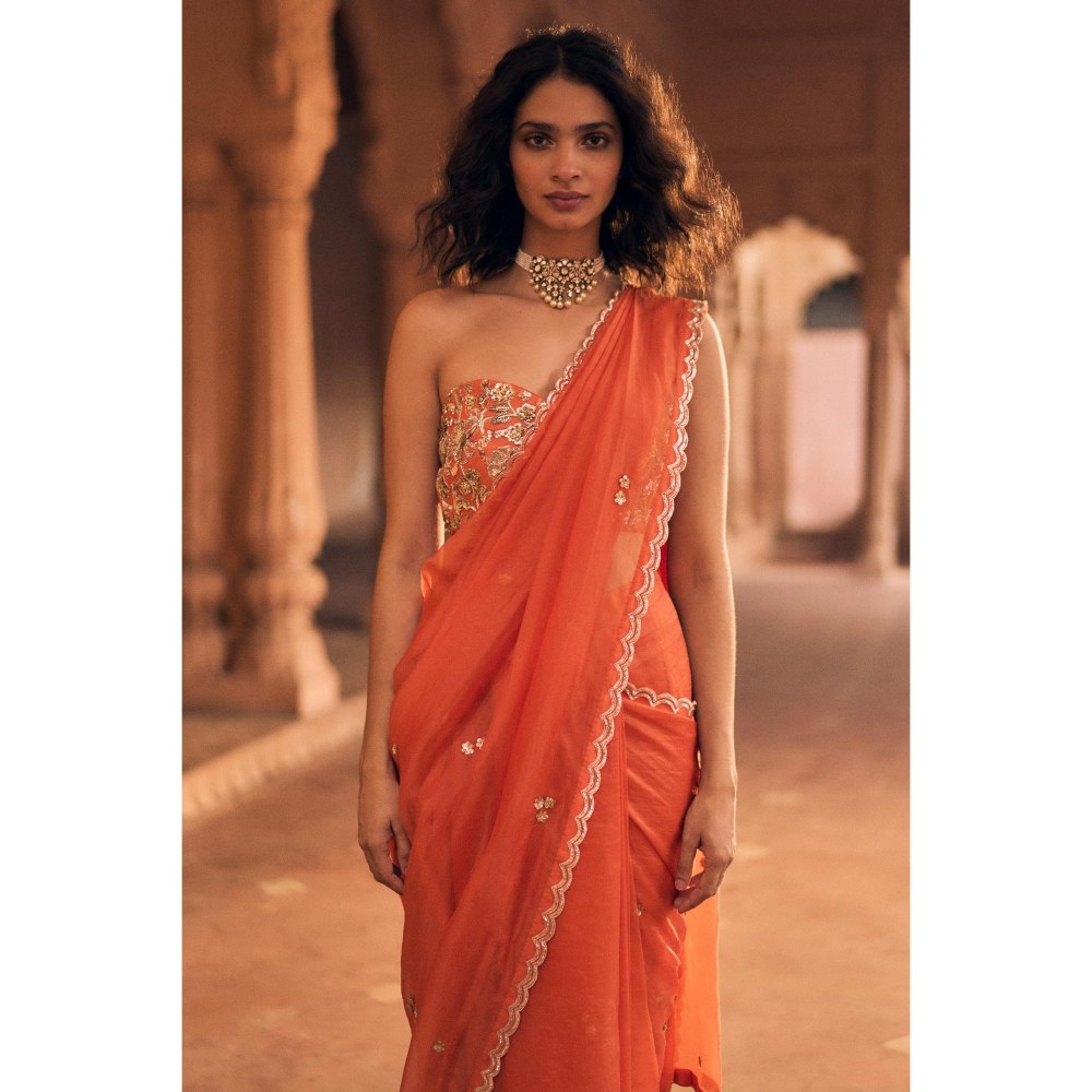 Paulmi & Harsh Orange Selah Embellished Pre Drape Saree with Stitched Blouse