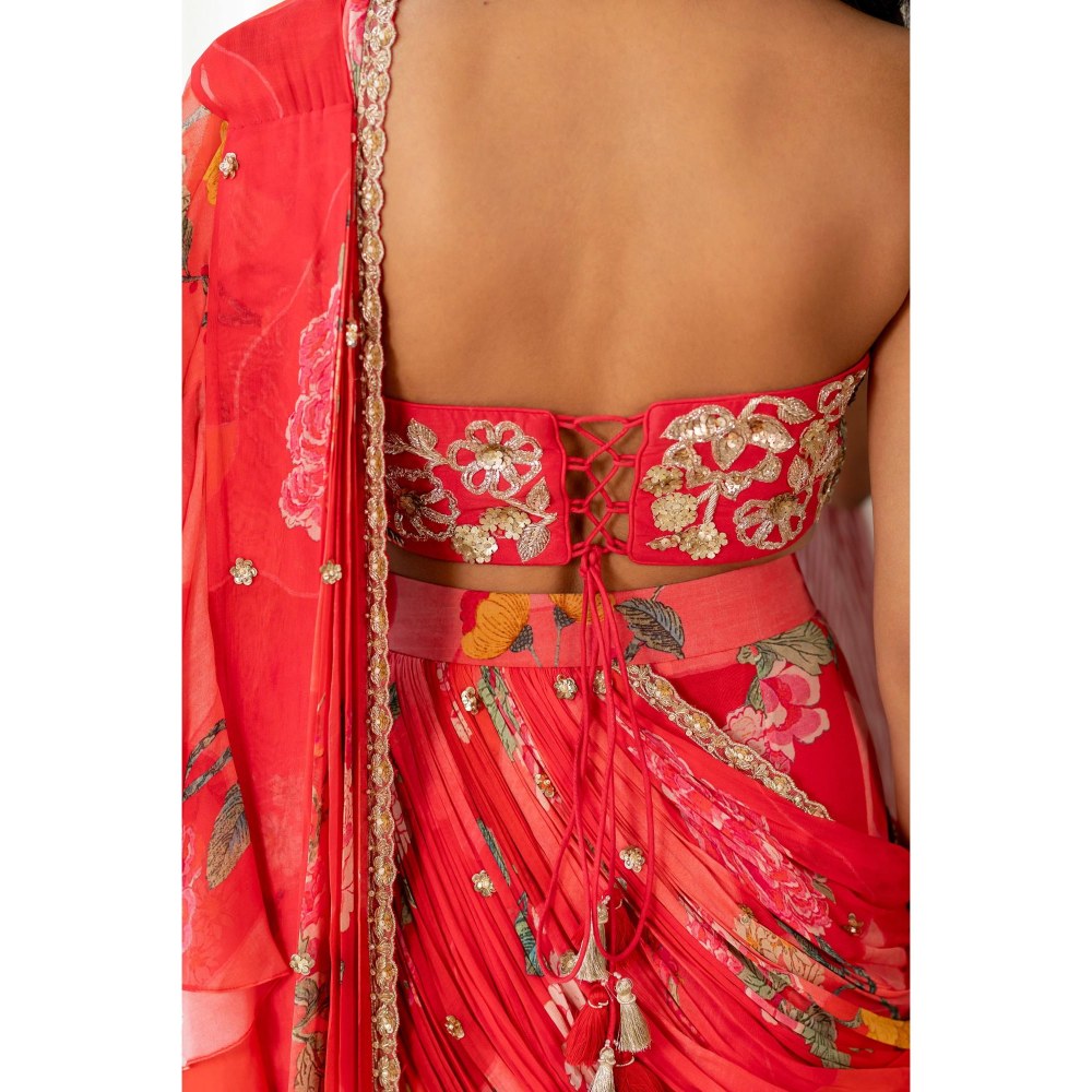 Paulmi & Harsh Red Printed Pre Drape Saree with Stitched Blouse