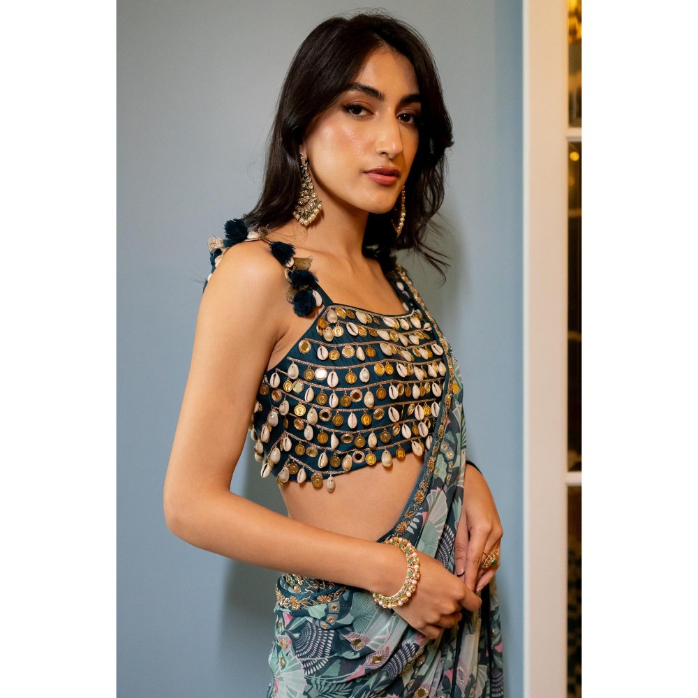 Paulmi & Harsh Turquoise Printed Pre Drape Saree with Stitched Blouse