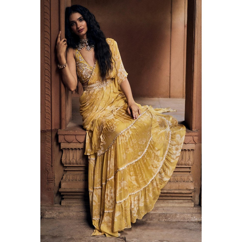Paulmi & Harsh Yellow Cove Pre Drape Saree with Stitched Blouse and Belt